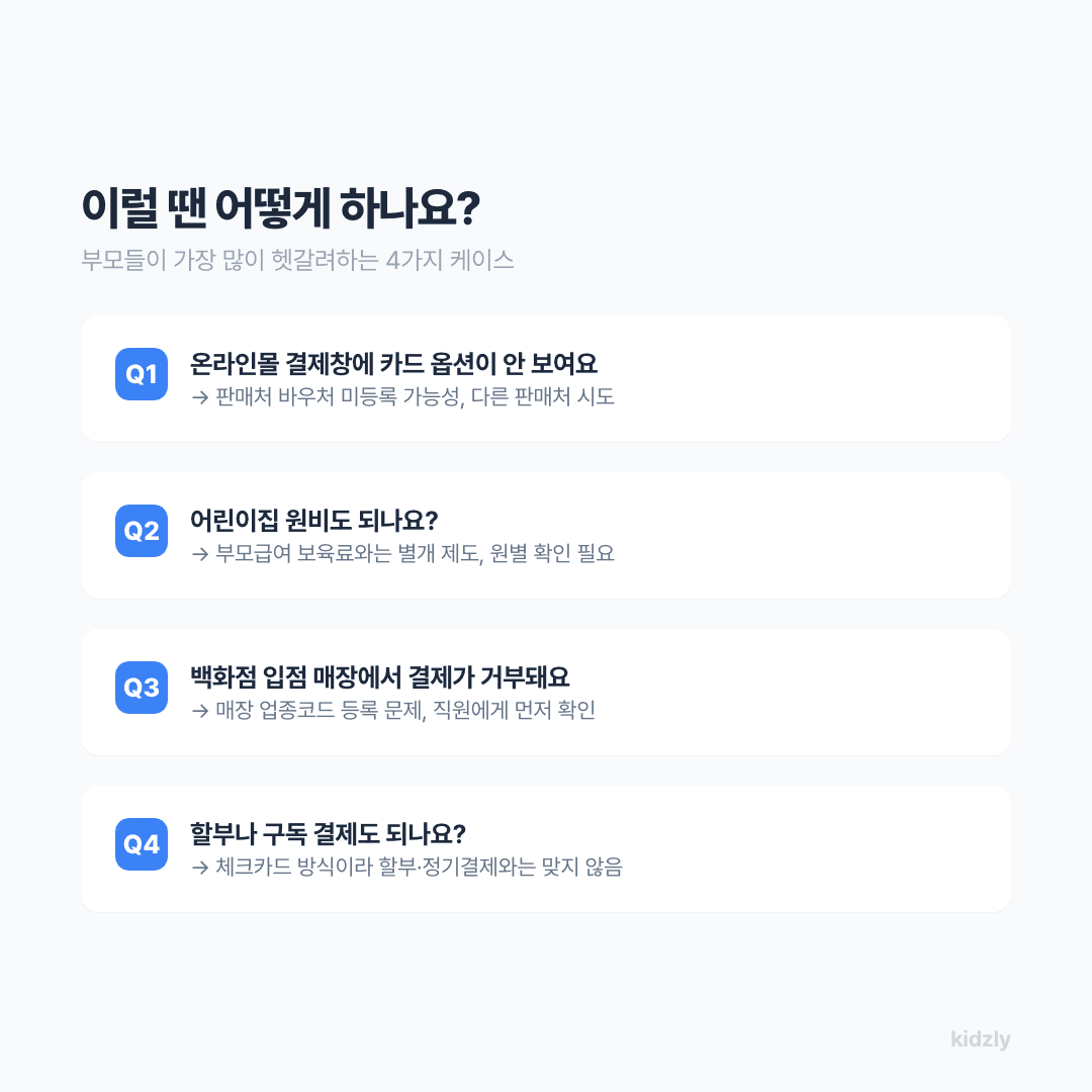 첫만남이용권 사용 시 헷갈리는 4가지 케이스(온라인몰 결제, 어린이집 원비, 백화점 입점매장, 할부결제) Q&A